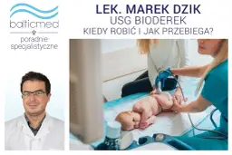 Lekarz wyjaśnia, jak ubrać dziecko na USG bioderek. Na zdjęciu widać dziecko podczas badania.