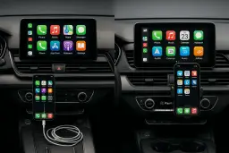 Jak połączyć telefon z samochodem? Widok deski rozdzielczej z ekranem Apple CarPlay i podłączonym iPhonem.