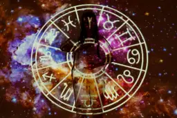 Osoba z projekcją zodiaku na ciele. W tle kosmiczna mgławica. Czy Rak to najgorszy znak zodiaku dla Lwa?