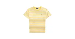 Gestreiftes gelb-weißes Ralph Lauren T-Shirt mit kleinem blauem Logo.
