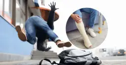 Wypadek w drodze do pracy: osoba spada, a w tle widać nogę w gipsie. Czy czeka Cię wynagrodzenie czy zasiłek?