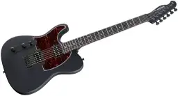 Czarna, matowa gitara elektryczna leworęczna z tortoishelowym pickguardem i czarnym osprzętem.