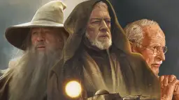 Gandalf, Obi-Wan Kenobi i postać przypominająca Freuda. Ilustracja ukazuje przyczyny popularności archetypu mędrca w literaturze fantasy i sci-fi.