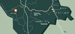 Mapa szlaków turystycznych. Zaznaczona trasa prowadzi przez Bystrzycę Kłodzką, Czarną Górę i Śnieżnik. Punktem docelowym jest Jagodna.