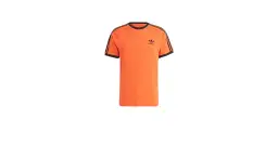 Orange Adidas T-Shirt für Herren mit schwarzen Streifen und Logo.