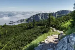 Kamienista ścieżka prowadzi szlakiem na Kasprowy Wierch z Kuźnic. W oddali widać morze chmur i stację kolejki.