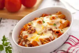 Macarrones con chorizo gratinados, cubiertos de queso derretido y perejil fresco, servidos en una fuente blanca.