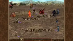 Bitwa w heroes gra: rycerz na koniu, ballista, smok, ognisty golem i inne potwory na pustynnym polu.