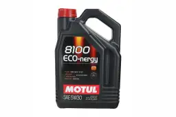 Czarna bańka oleju silnikowego Motul 8100 ECO-nergy SAE 5W30 z czerwonym korkiem.