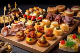 Pyszne pinchos na desce: bagietki z wędliną, oliwkami, pomidorkami i pastami. Idealne na przyjęcie!