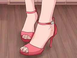 Pies con sandalias rojas y tacones de 10 cm son altos, listos para caminar con estilo sobre el suelo de madera.