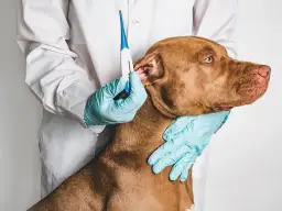Weterynarz sprawdza temperaturę psa, przykładając termometr do ucha.