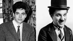Dwa portrety: młody mężczyzna w tweedowej marynarce i Charlie Chaplin w cylindrze. Podobieństwo sugeruje, że to może być jeden z dzieci Charliego Chaplina.