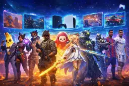 Postacie z gier, w tym żołnierz, wojowniczka i banan, stoją obok konsol PS4 i PS5, sugerując darmowe gry na PS4.