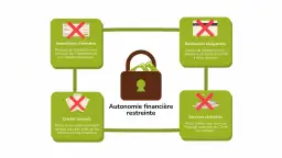 Diagramme illustrant les conséquences d'un fichage Banque de France sans le savoir : interdiction d'émettre, restitution obligatoire, crédits bloqués, services restreints.