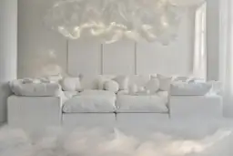 Sofá blanco etéreo con cojines mullidos, suspendido entre nubes luminosas. Un sueño de **pantone 2026** hecho realidad.