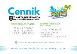 Cennik basenu "Krepa" z podziałem na dni tygodnia, godziny i ceny.