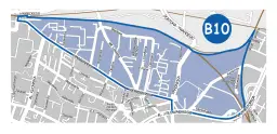 Mapa Krakowa z zaznaczonym obszarem B10. Ulica Wita Stwosza i parking w pobliżu.