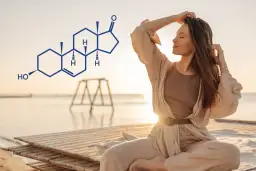 Kobieta w medytacyjnej pozie na plaży, obok wzór chemiczny DHEA. DHEA co to? Hormon młodości i witalności.