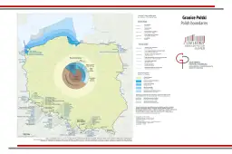 Mapa Polski z zaznaczonymi granicami. Wykres kołowy pokazuje, ile wynosi linia brzegowa Polski: 14,6% (524 km) to wybrzeże morskie, a 36% (1295 km) to granica na wodach granicznych.