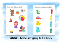 Zabawki – darmowe karty pracy dla 3-latka do wydrukowania. Na kartach są rysunki zabawek: miś, bębenek, konik na biegunach, piłka, lalka, klocki, pociąg, dinozaur, autko, kaczuszka, miś i kredki.
