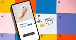 Telefon pokazuje buty na sprzedaż. Strzałka prowadzi do rysunku paczki i uśmiechniętej buźki, ilustrując, co to przedsprzedaż – zamówienie przed premierą.