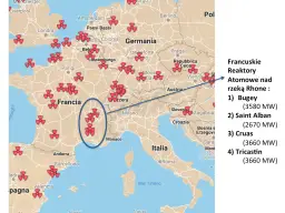 Mapa Europy z zaznaczonymi symbolami elektrowni atomowych, głównie we Francji.