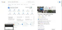 Wyniki wyszukiwania Google dla "Top Online - Agencja SEO Wrocław". Widoczny panel zarządzania firmą, opcje edycji profilu, dodawania ofert i zarządzania rezerwacjami.
