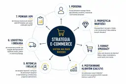 Schemat strategii e-commerce: od persony klienta, przez propozycję wartości, kanały sprzedaży, pozyskiwanie i retencję klientów, logistykę, po pomiar KPI. Klucz do skutecznej sprzedaży online.