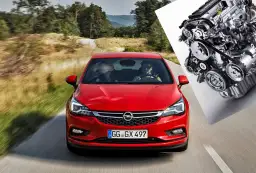 Czerwona Opel Astra Turbo pędzi po krętej drodze, a obok widok jej mocnego silnika.