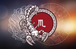 Skorpion znak zodiaku, stylizowany skorpion i symbol zodiaku na tle konstelacji.