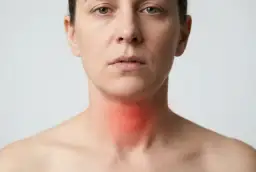 Kobieta z zaczerwienionym gardłem, odczuwająca pieczenie po przełknięciu, być może z powodu jakości spirytusu.
