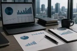 Biurko analityka finansowego z laptopem wyświetlającym wykresy, dokumenty, książki i kubek kawy na tle panoramy miasta.