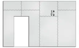 Schemat przedstawia fragment ściany z płyt gipsowo-kartonowych, z zaznaczonymi wymiarami płyty gk 40cm.