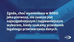 Dwie dłonie ściskają się, symbolizując umowę. Tekst informuje, że zgoda na przetwarzanie danych osobowych, choć kluczowa w RODO, nie zawsze jest najłatwiejszym rozwiązaniem.