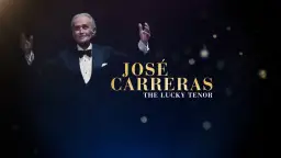José Carreras w smokingu z uniesionymi rękami, na ciemnym tle z tekstem.