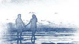 Para 100 naszych randek DIY, para trzyma się za ręce na plaży o zachodzie słońca.