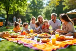 Radosny piknik rodzinny w parku. Rodzina siedzi na kocu, otoczona jedzeniem i napojami, ciesząc się wspólnym czasem na świeżym powietrzu.