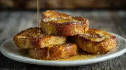 Torrijas doradas y crujientes bañadas en almíbar para torrijas, espolvoreadas con azúcar glas.