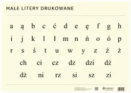 Małe litery drukowane polskie: a, ą, b, c, ć, d, e, ę, f, g, h, i, j, k, l, ł, m, n, ń, o, ó, p, r, s, ś, t, u, w, y, z, ź, ż, ch, ci, cz, dz, dzi, dź, dż, ni, rz, si, sz, zi.