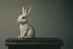 Biały królik siedzi na marmurowym postumencie, zastanawiając się, dlaczego królik tupie w nocy.