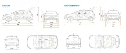 Schemat Dacia Sandero i Sandero Stepway z wymiarami. Dacia Sandero Stepway ma większy prześwit, co widać na schemacie.