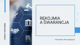 Grafika przedstawia ikonografię związaną z prawem i umowami, z hasłem "Rękojmia a gwarancja" na środku. Informator dla kupujących.