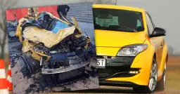 Żółty samochód po wypadku, w którym zginął syn Sylwii Peretti.