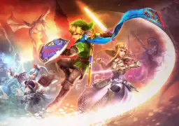 Link, Zelda i inni bohaterowie walczą z potworami w świecie The Legend of Zelda: A Link to the Past. Smoki i rycerze w tle.