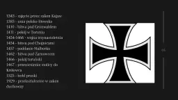Czarny krzyż na białym tle, obok lista dat i wydarzeń historycznych.