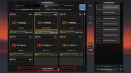 Zarządzanie modami w ETS2: aktywne pakiety ProMods, gotowe do wgrania. Kliknij "Confirm Changes", by zastosować.