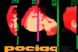 Plakat filmowy "Pociąg" Jerzego Kawalerowicza, ikona polskiej szkoły filmowej. Intensywne kolory i portrety tworzą atmosferę napięcia.