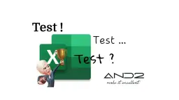 Przykładowe testy z excela: postać z pucharem i piłką futbolową obok logo Excela, z napisami "Test!", "Test ...", "Test?".