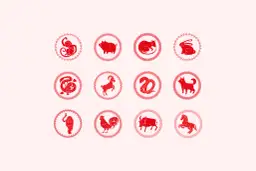 Czerwone, stylizowane chińskie znaki zodiaku: małpa, świnia, szczur, królik, smok, koza, wąż, pies, tygrys, kogut, wół, koń.